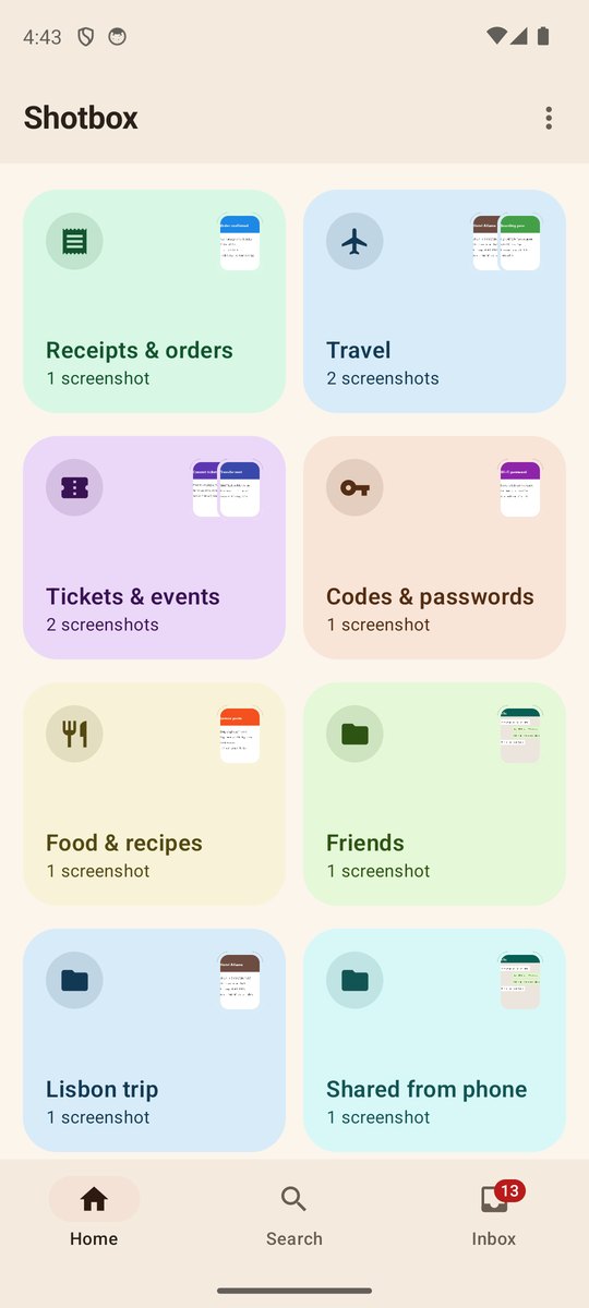 Shotbox screenshot organizer: colorful boxes for receipts, travel, tickets, codes and passwords, recipes, friends and a Lisbon trip
