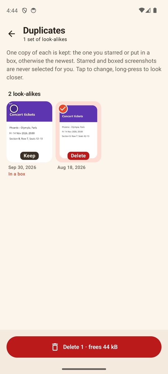Duplicates screen with two look-alike concert tickets, one marked Keep and one marked Delete