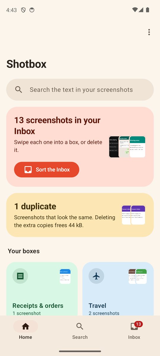 Shotbox Home: a search bar, a card saying 13 screenshots in your Inbox with a Sort the Inbox button, a duplicates card, and your boxes