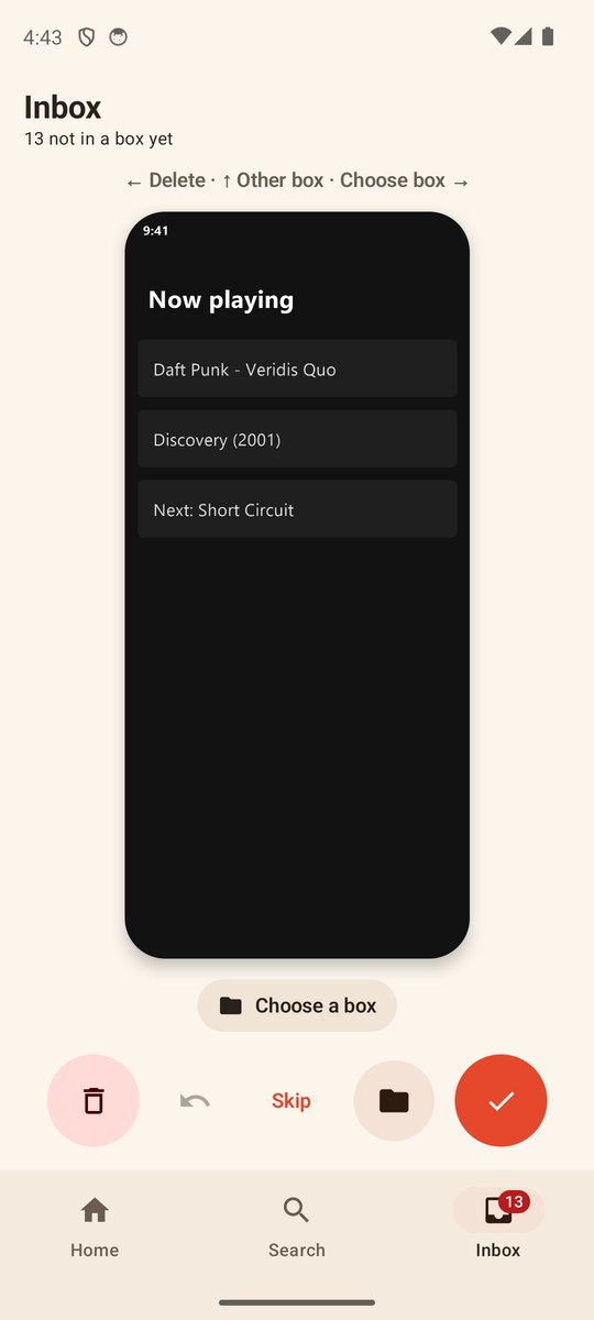 Shotbox Inbox showing a Now playing screenshot with delete, undo, skip, box and file buttons
