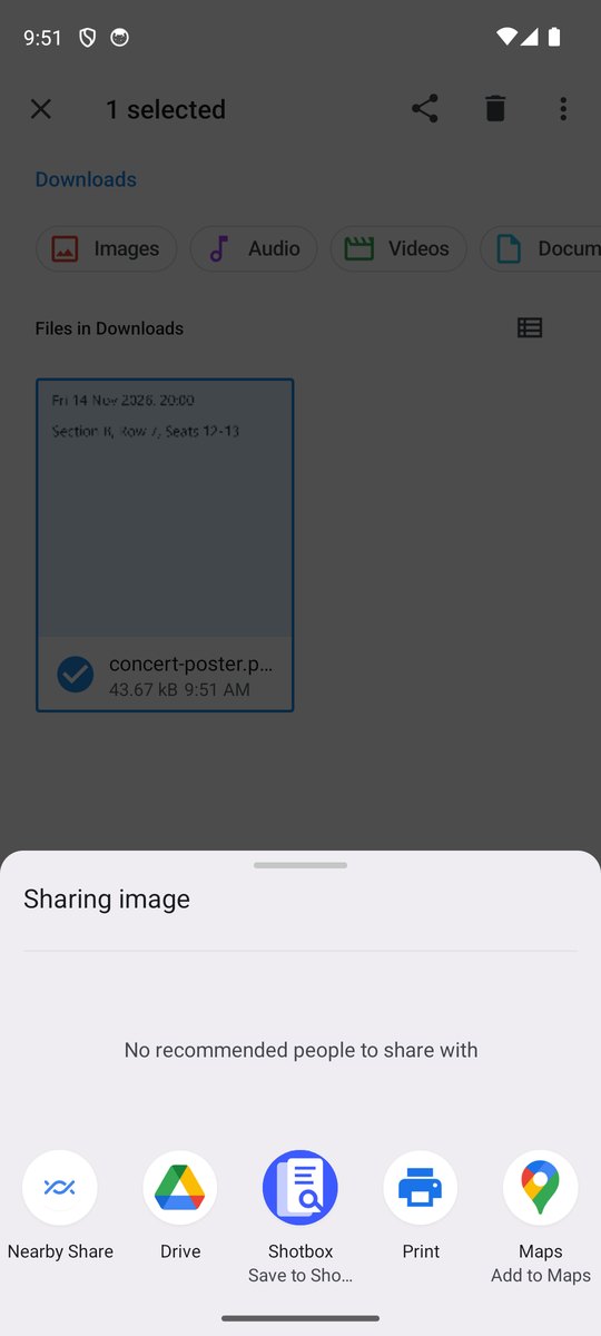 Android share menu with Shotbox, Save to Shotbox, next to Drive and Maps